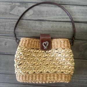 Brighton Sadie Straw Leather Handbag Purse Shoulder Bag Tan Brown Tote Heart